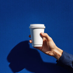 Minimalist image of a hand holding a blank white paper coffee cup against a vibrant solid blue background, ideal for branding.
