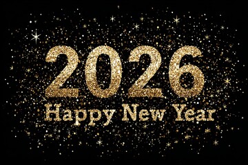 Spectacular New Year illustration with luminous golden 2026 numbers and the phrase “Happy New Year” shining in a star-filled sky, radiating joy and wonder.