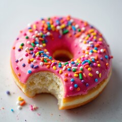 Pink frosted donut with rainbow sprinkles has a bite missing. This sweet baked pastry is a fun dessert or breakfast treat. It looks delicious and sugary.