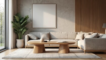 Bright living room with large window and comfy sofa. Natural wood table and neutral tones create calm, cozy atmosphere. Minimalist decor includes plant and empty picture frame on wall.