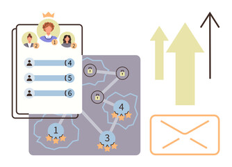 Leaderboard with crowned users, task ranking numbers, connected nodes with stars, upward arrows, and mail icon. Ideal for teamwork, task prioritization, productivity, performance tracking