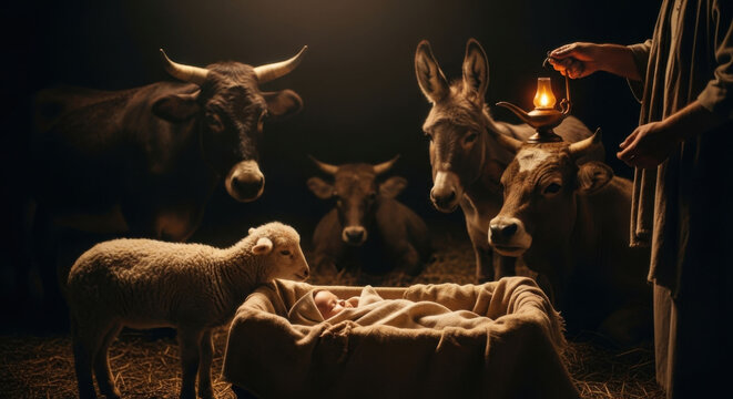 Baby Jesus in manger surrounded by animals in a dimly lit stable. Nativity scene for Christmas and religious celebration.