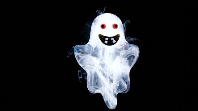 Floating mini ghost with smooth white ink trails, playful smile and bright friendly eyes
