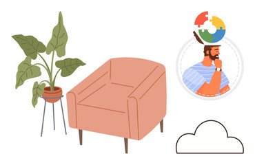 Indoor potted plant, modern armchair, thinking man with puzzle pieces, and abstract cloud element. Ideal for creativity, comfort, brainstorming, solutions, interior design lifestyle mindfulness
