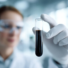 Close-up of a scientist in protective gloves and glasses examining a test tube filled with dark liquid in a laboratory.
