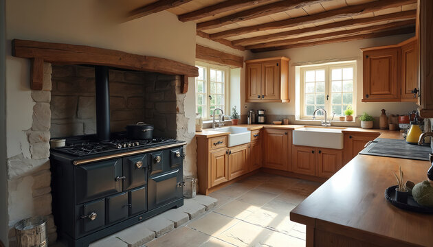 Rustic style kitchen with exposed wood beams. Black stove stands near stone wall. Farmhouse interior with wooden cabinets and tiled floor gives warm light. Cozy place for cooking or baking.