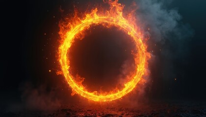 Fototapeta premium Fiery portal shines brightly. Abstract ring of fire swirls. Flames burn in circular motion with smoke around. Magic circle concept design on dark background. Hot vortex effect template.