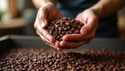 Hands sift roasted coffee beans at roastery. Close up of person sorting fresh whole arabica beans for quality. Barista checks aroma and texture before brewing.