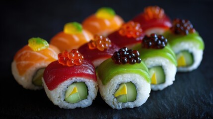 A striking close-up of a selection of beautifully crafted sushi rolls with various toppings, set against a dark background, highlighting colors and textures.