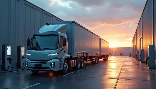 Large electric truck charges at a modern logistic facility. Fleet vehicles power up near warehouse buildings at sunrise. Sustainable transport infrastructure powers cargo delivery. - Powered by Adobe