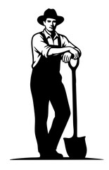 Ilustraci&oacute;n retro de campesino con pala apoyada en el suelo