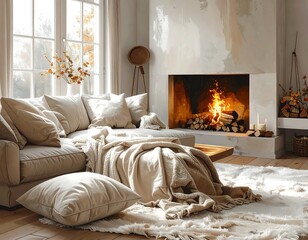 A cozy living room, bathed in warm autumnal light, features a comfortable sectional sofa, soft blankets, and a crackling fireplace.