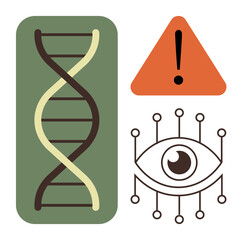 DNA helix, orange warning sign, and cybernetic eye encircled by circuits. Ideal for bioethics, biotechnology, genetic engineering, artificial intelligence, ethical dilemmas, data security scientific