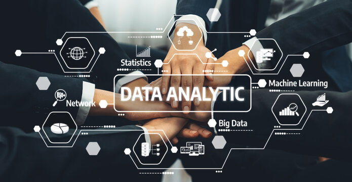 This image captures a collaborative effort in data analytics, showcasing hands coming together with various digital icons related to statistics and machine learning. Amity