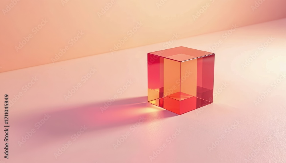 Poster cube render features facets with pink orange gradient. glassy object casts light shadow. perfect for