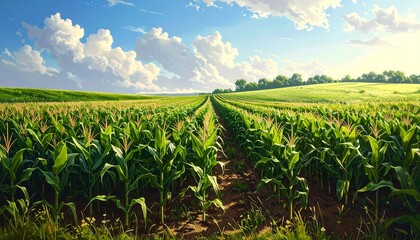 Lush cornfield stretches across a rolling landscape under a vibrant sky filled with fluffy clouds.