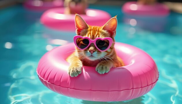 Orange cat wears pink heart shaped sunglasses, floats on a bright pink inflatable ring in blue swimming pool. Cute pet enjoys sunny summer day, relaxing in cool water on vacation. - Powered by Adobe