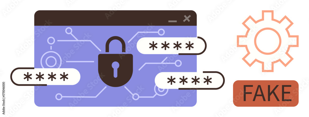 Poster locked browser interface with passwords and fake warning, conveying security, encryption, and fraud.