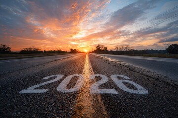 Wide-angle sunrise photo of “2026” painted in bold white on an endless highway, vibrant clouds and golden light reflecting on the asphalt, symbolizing a new journey.