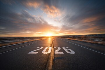 Wide-angle sunrise photo of “2026” painted in bold white on an endless highway, vibrant clouds and golden light reflecting on the asphalt, symbolizing a new journey.