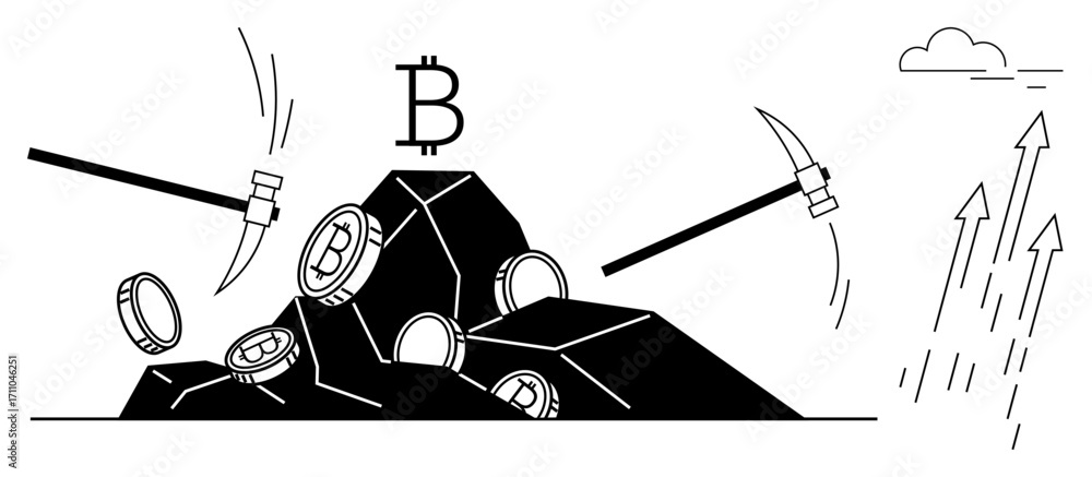 Poster bitcoin coins in a mountain being mined with pickaxes, surrounded by growth arrows and a cloud. idea