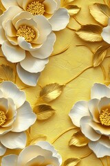 A luxurious, seamless floral pattern with 3D-rendered white and cream flowers and golden leaves on a textured, gold background, perfect for wallpaper or fabric.
