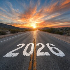 Wide-angle sunrise photo of “2026” painted in bold white on an endless highway, vibrant clouds and golden light reflecting on the asphalt, symbolizing a new journey.