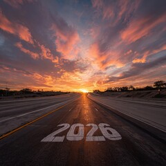 Wide-angle sunrise photo of “2026” painted in bold white on an endless highway, vibrant clouds and golden light reflecting on the asphalt, symbolizing a new journey.