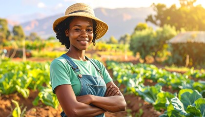 A smiling female farmer stands proudly in a vibrant vegetable garden, showcasing a positive and hardworking attitude.