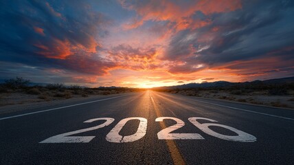 Wide-angle sunrise photo of “2026” painted in bold white on an endless highway, vibrant clouds and golden light reflecting on the asphalt, symbolizing a new journey.