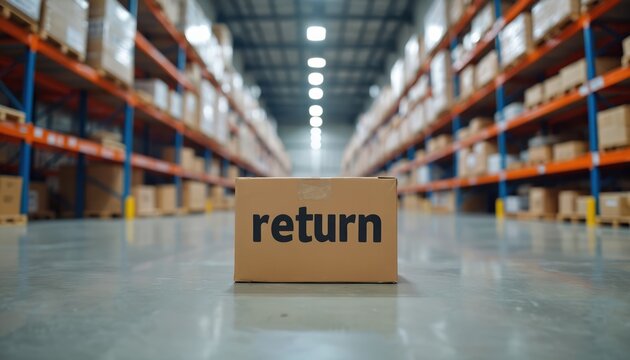 Brown carton box marked return sits on floor of big warehouse. Long aisles of shelves full of packaged inventory fill large modern storage facility. Important scene clearly shows efficient product
