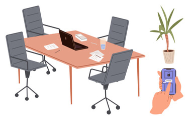 Conference room table with four office chairs, laptop, papers, coffee, indoor plant, and a hand unlocking phone screen. Ideal for teamwork, productivity, modern workspace communication technology