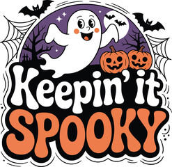 Halloween T-Shirt Design with Cute Ghost and Pumpkins