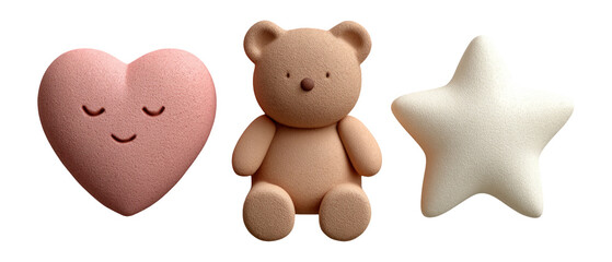 Cute Plush Heart, Bear, and Star Toys on Transparent Background for Creative Projects