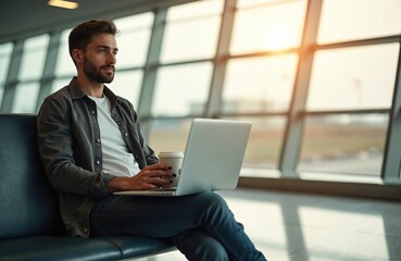 Young man with beard, holding coffee cup, works on laptop while waiting in airport terminal. Traveler sits on bench, looks out large window at sunlight. Casual business trip, remote work, flight.
