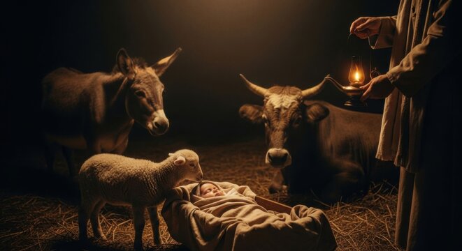 Nativity scene with baby Jesus sleeping in manger, surrounded by a lamb, donkey, cow, and a man holding a lamp, for Christmas celebration.