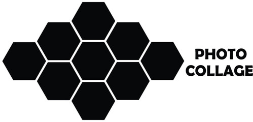 Hexagon photo collage template. Black honeycomb layout, polygon frames, design element for photo collection, montage, overlay, clipping, layer mask. Vector illustration.