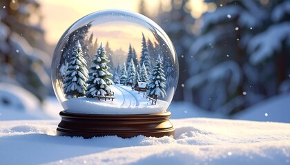 A winter wonderland scene within a glass snow globe, showcasing snow-covered pines, a rustic village, and a serene wintery ambiance.