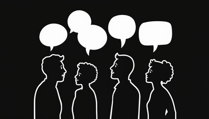 Group of people silhouettes conversing with empty speech bubbles above heads. Diverse individuals share ideas and thoughts through dialogue. Simple graphic illustration on dark background.