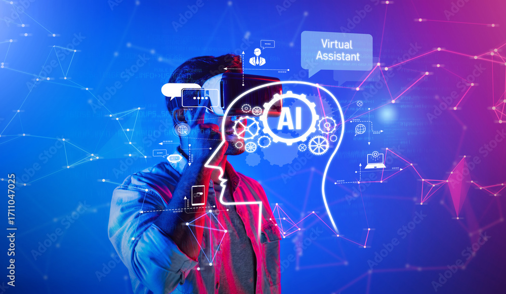Poster a creative representation of ai as a virtual assistant, blending technology and human interaction in