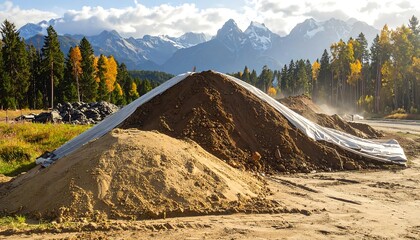 Piles of earth and sand covered with protective sheeting are visible in a scenic outdoor setting, with majestic mountains in the background.