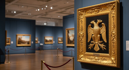 Ornate golden eagle emblem in a museum gallery with paintings displayed on blue walls opulent frame