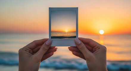Hands holding instant photo of beautiful sunset over the ocean capturing serene moment of nature's beauty and tranquility