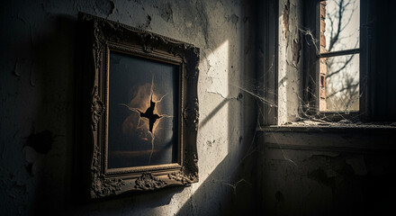 Haunting Abandoned Room with Cracked Painting and Cobwebbed Window Gloomy Atmosphere