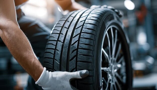 male tire changer In the process of checking the condition of new tires in stock so that they can be replaced at a service center or auto repair shop