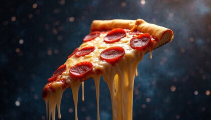 Floating slice of pepperoni pizza in outer space with melted cheese stretching towards void. Cheese flows like liquid in zero gravity. Dark blue background with stars, bokeh lights. Appetizing food