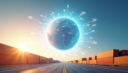 Digital globe with glowing arrows shows global logistics network. Cargo containers line a highway leading to shipping destinations. Worldwide transport routes visualized.