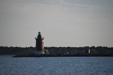 Delaware Breakwater East End Lighthouse at Cape Henlopen on a Cloudy Day
