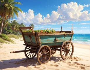 A weathered wooden wagon, filled with flowers, sits on a sun-drenched beach, amidst lush palm trees and a vibrant azure sky.