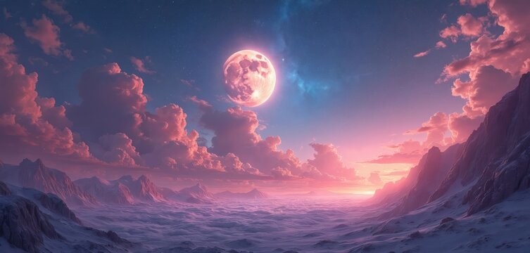 Fantasy landscape with huge moon, pink clouds and snowy mountains. Serene sky at dusk glows with soft orange and blue hues. Dreamy, ethereal panorama.